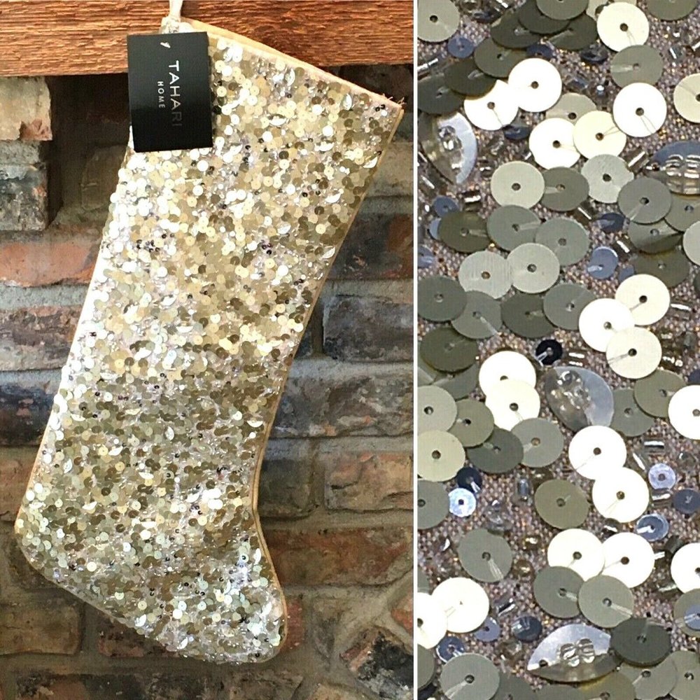 x3 Tahari Gold Sequins Beaded Christmas Stocking Set Luxury Designer Bling